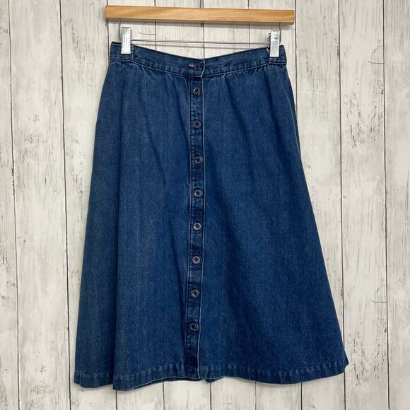Foxmoor Button Front Flowy Cottage Cotton Midi Denim Blue Vintage Skirt 11 - Picture 1 of 5